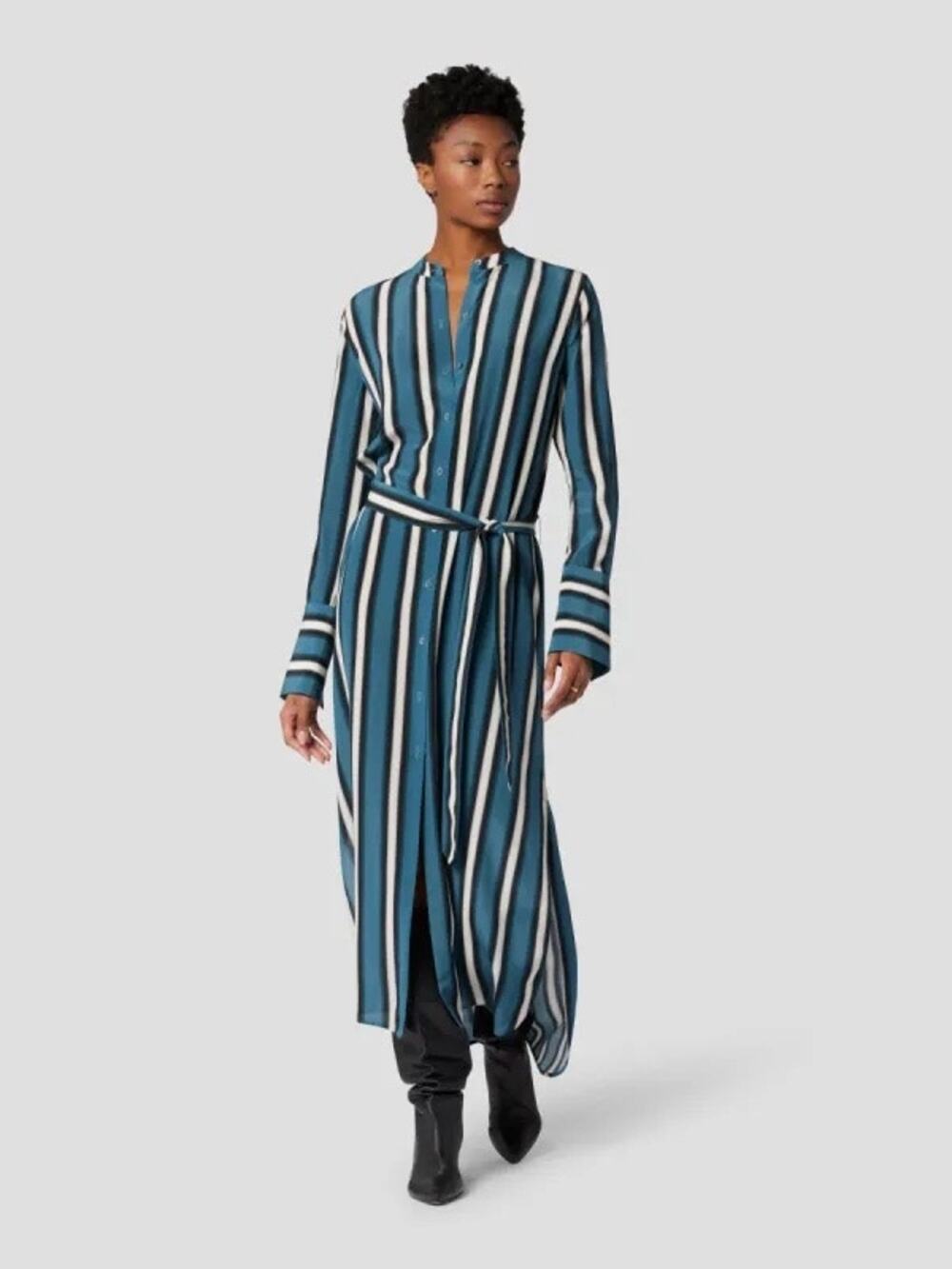 Equipment Connell Blue Striped Long Sleeve Belted Silk Shirt Dress Size Small